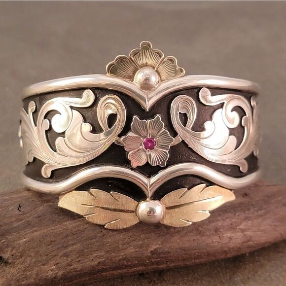 Lopez Bros. Silversmith Handcrafted Engraved Sterling 14k Flourish Cuff Bracelet - Picture 5 of 13